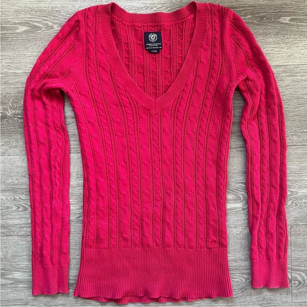 Y2K American Eagle Elena Bella Preppy V Neck Cable Knit Sweater